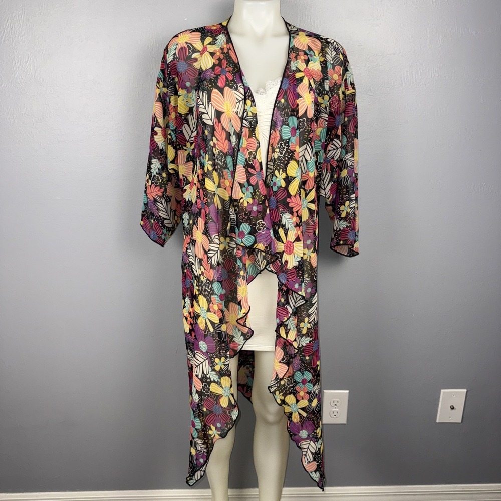 LuLaRoe Shirley Kimono Duster Large Multicolor Floral Open Front Cardi Coverup